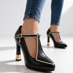Vivienne | Pointed Toe Court Shoes with T-Bar Strap & Sculpted Gold Heel