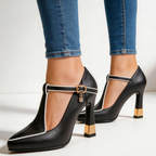 Vivienne | Pointed Toe Court Shoes with T-Bar Strap & Sculpted Gold Heel