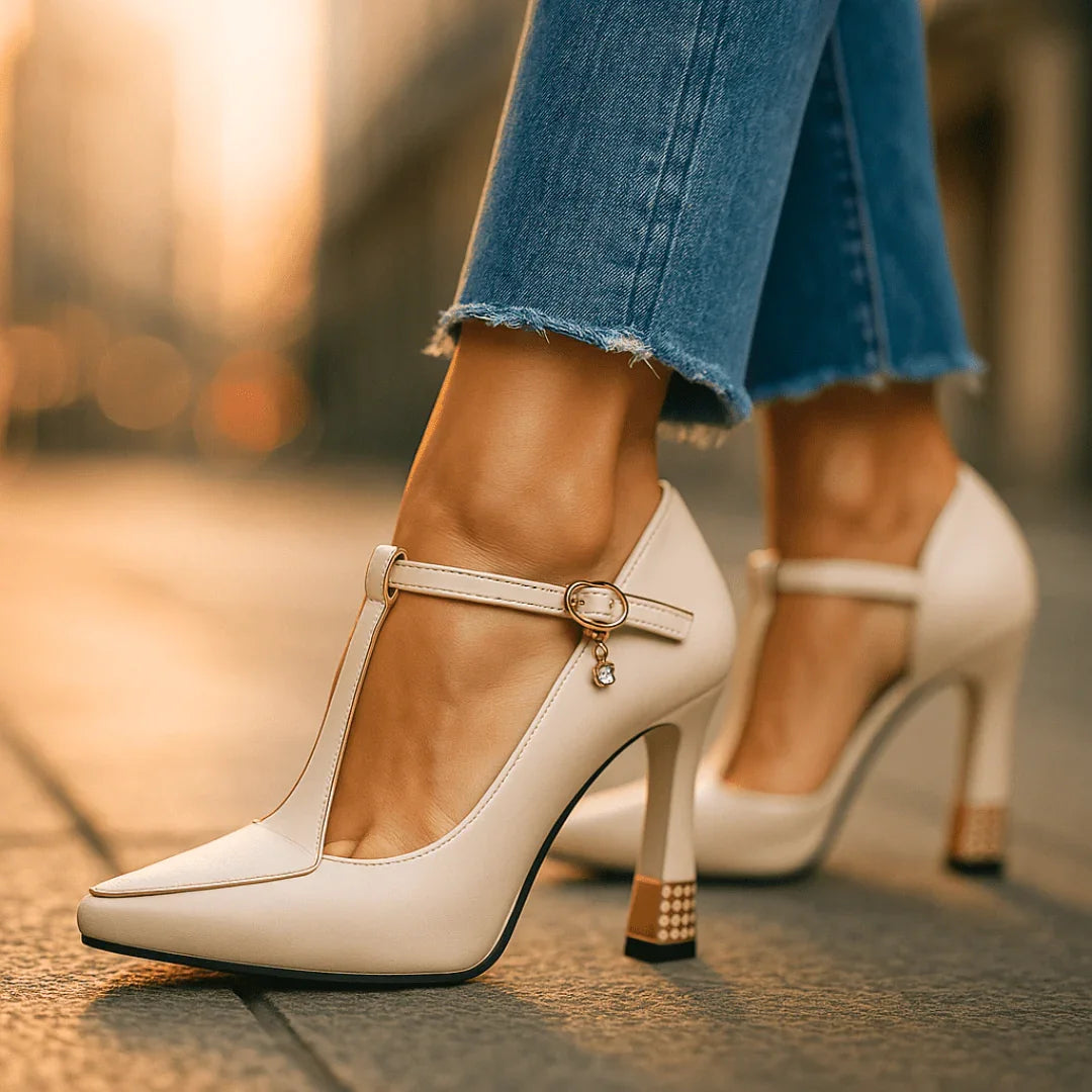 Vivienne | Pointed Toe Court Shoes with T-Bar Strap & Sculpted Gold Heel