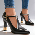 Vivienne | Pointed Toe Court Shoes with T-Bar Strap & Sculpted Gold Heel