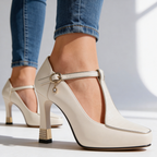 Vivienne | Pointed Toe Court Shoes with T-Bar Strap & Sculpted Gold Heel