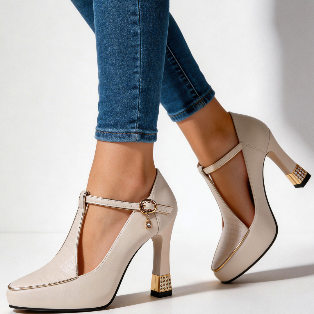 Vivienne | Pointed Toe Court Shoes with T-Bar Strap & Sculpted Gold Heel