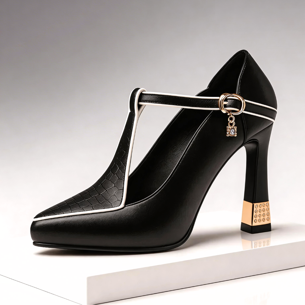 Vivienne | Pointed Toe Court Shoes with T-Bar Strap & Sculpted Gold Heel