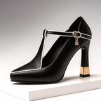 Vivienne | Pointed Toe Court Shoes with T-Bar Strap & Sculpted Gold Heel