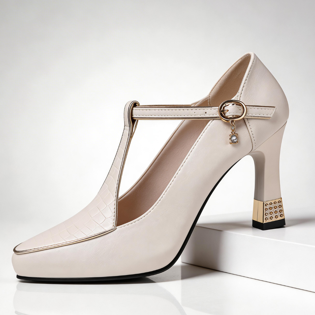 Vivienne | Pointed Toe Court Shoes with T-Bar Strap & Sculpted Gold Heel
