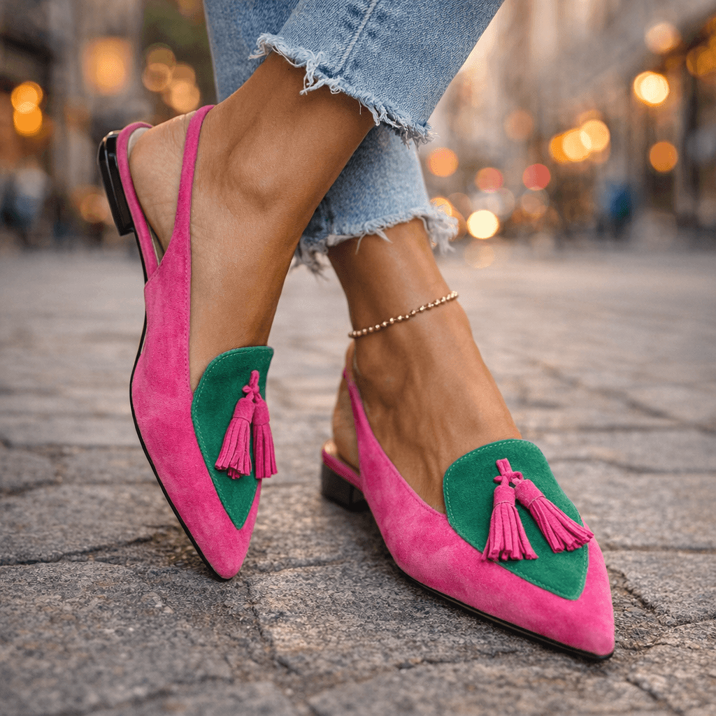 Lorena | Bicolour Suede Mules with Pom Poms