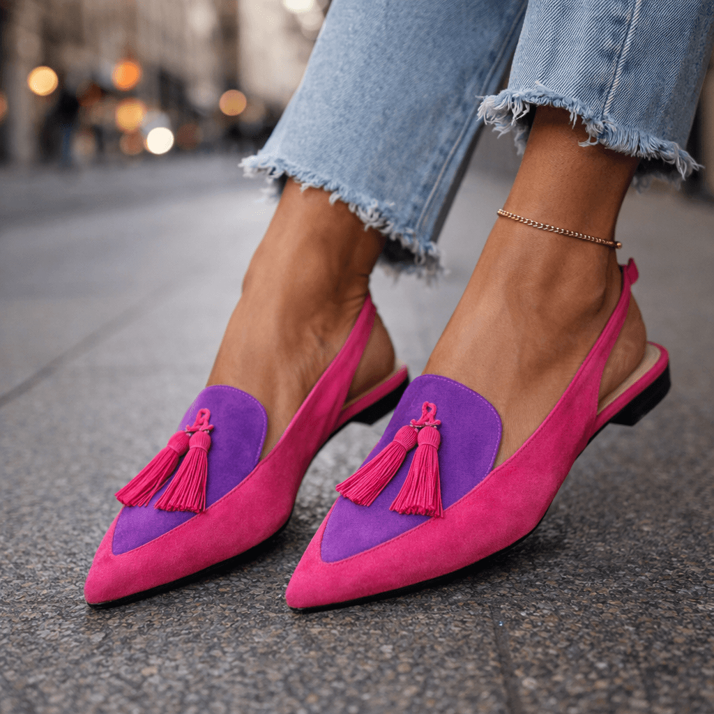 Lorena | Bicolour Suede Mules with Pom Poms