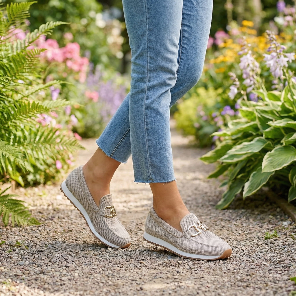 Susie | Slip-On Mesh & Gold Boucle Trainers