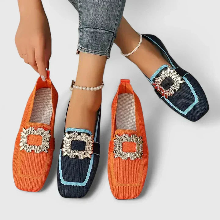 Maylora | Flat Moccasins with Mesh & Square Rhinestone Buckle