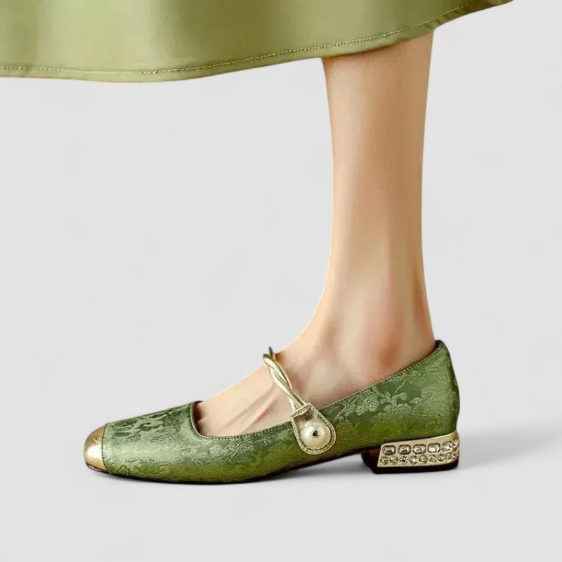 Céleste | Mary Jane Low Heel & Gold Strap