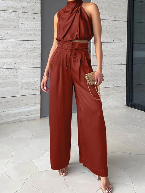 two-piece satin set with a halter top and wide-leg trousers