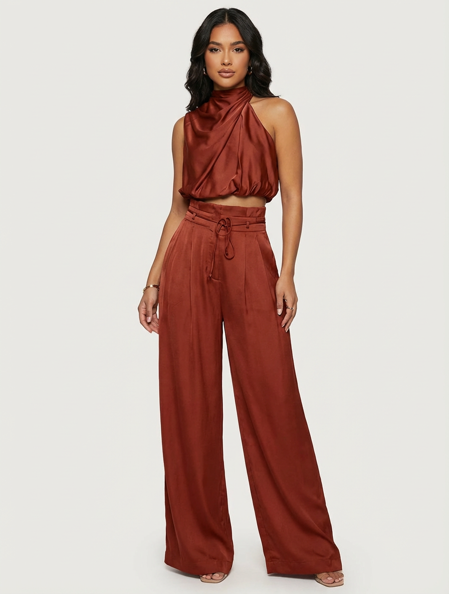 two-piece satin set with a halter top and wide-leg trousers