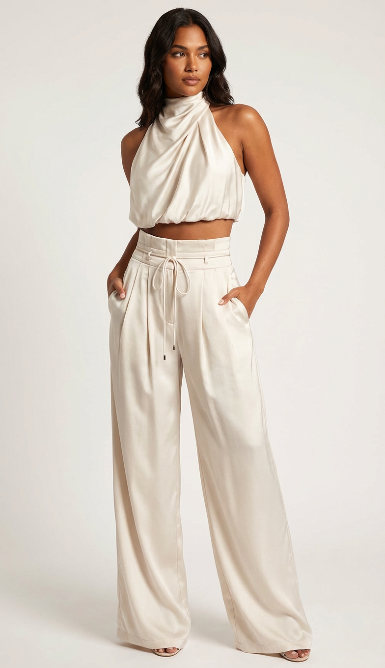 two-piece satin set with a halter top and wide-leg trousers
