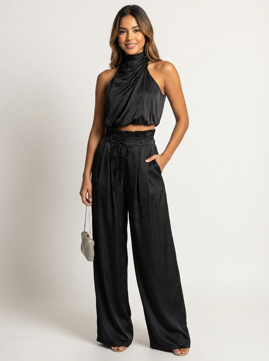 two-piece satin set with a halter top and wide-leg trousers