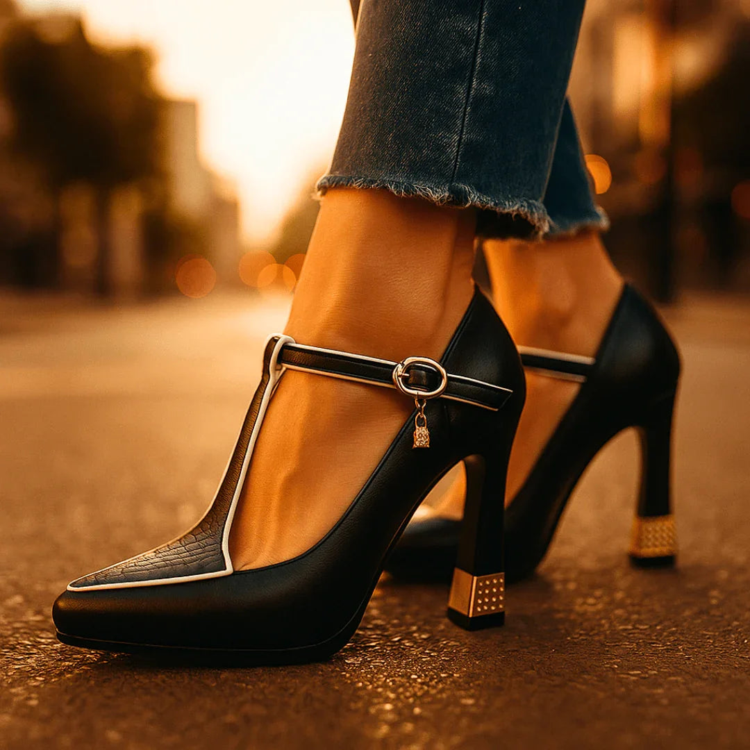 Vivienne | Pointed Toe Court Shoes with T-Bar Strap & Sculpted Gold Heel