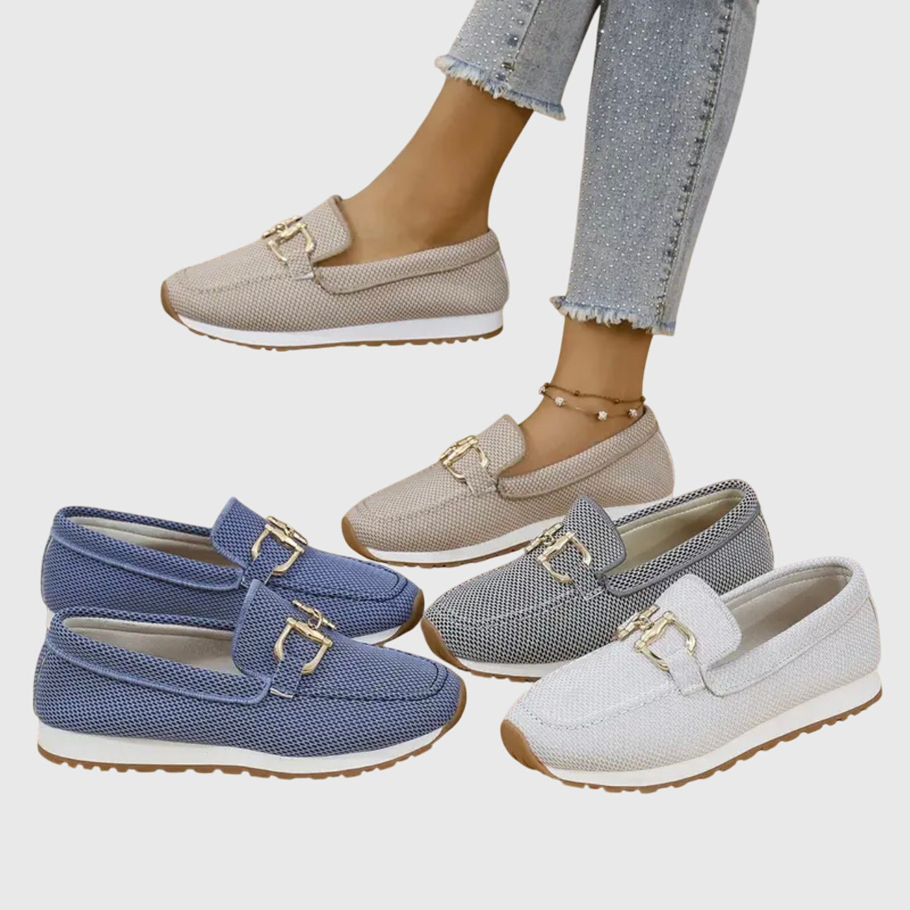Susie | Slip-On Mesh & Gold Boucle Trainers