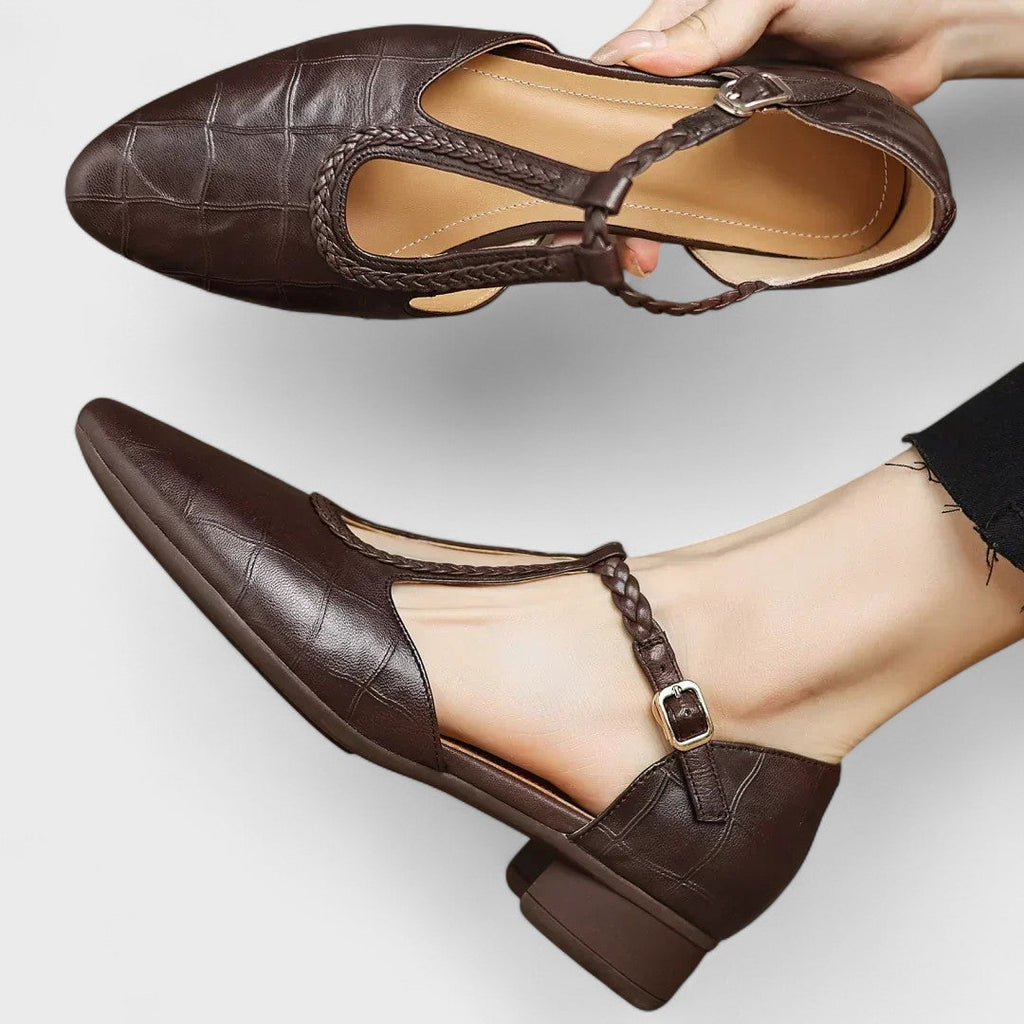 Colette | Babies Leather Crocodile Effect T-Bar Woven Strap & Block Heel