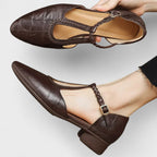 Colette | Babies Leather Crocodile Effect T-Bar Woven Strap & Block Heel