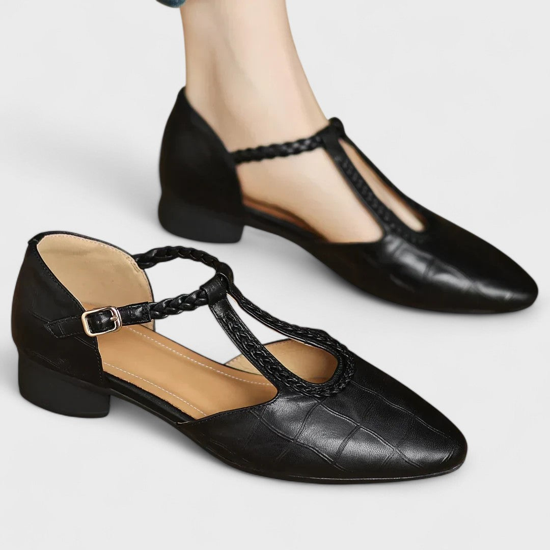 Colette | Babies Leather Crocodile Effect T-Bar Woven Strap & Block Heel