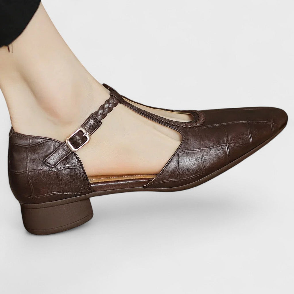 Colette | Babies Leather Crocodile Effect T-Bar Woven Strap & Block Heel