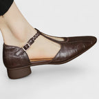 Colette | Babies Leather Crocodile Effect T-Bar Woven Strap & Block Heel
