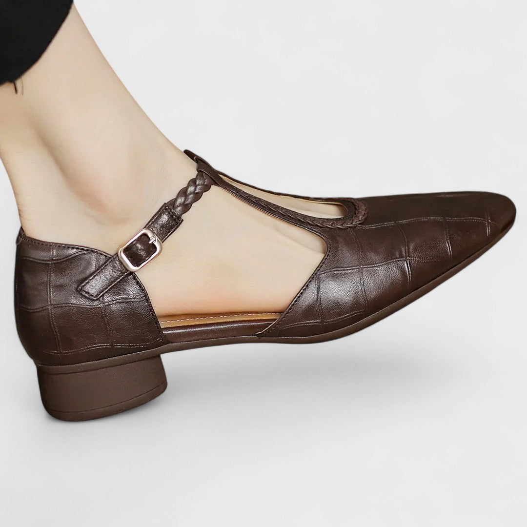 Colette | Babies Leather Crocodile Effect T-Bar Woven Strap & Block Heel