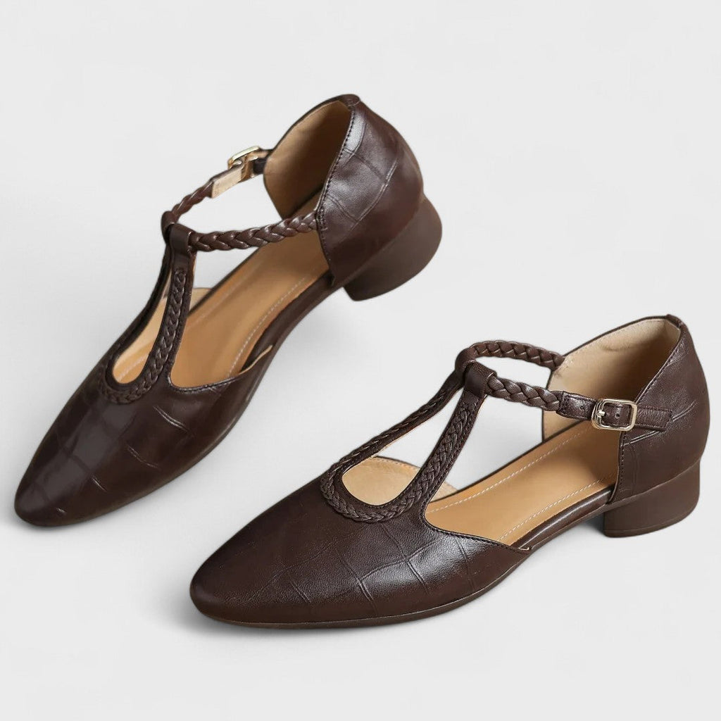 Colette | Babies Leather Crocodile Effect T-Bar Woven Strap & Block Heel
