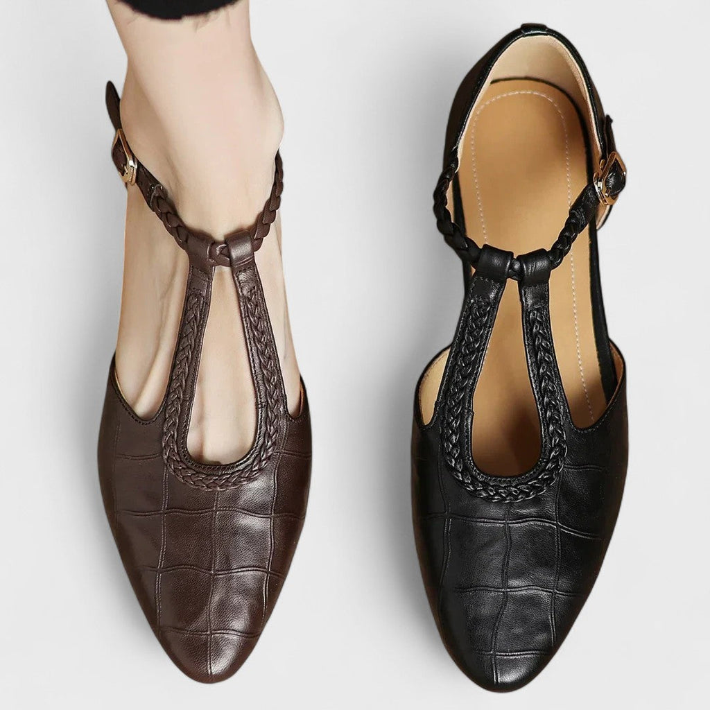 Colette | Babies Leather Crocodile Effect T-Bar Woven Strap & Block Heel