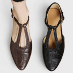 Colette | Babies Leather Crocodile Effect T-Bar Woven Strap & Block Heel