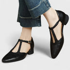 Colette | Babies Leather Crocodile Effect T-Bar Woven Strap & Block Heel