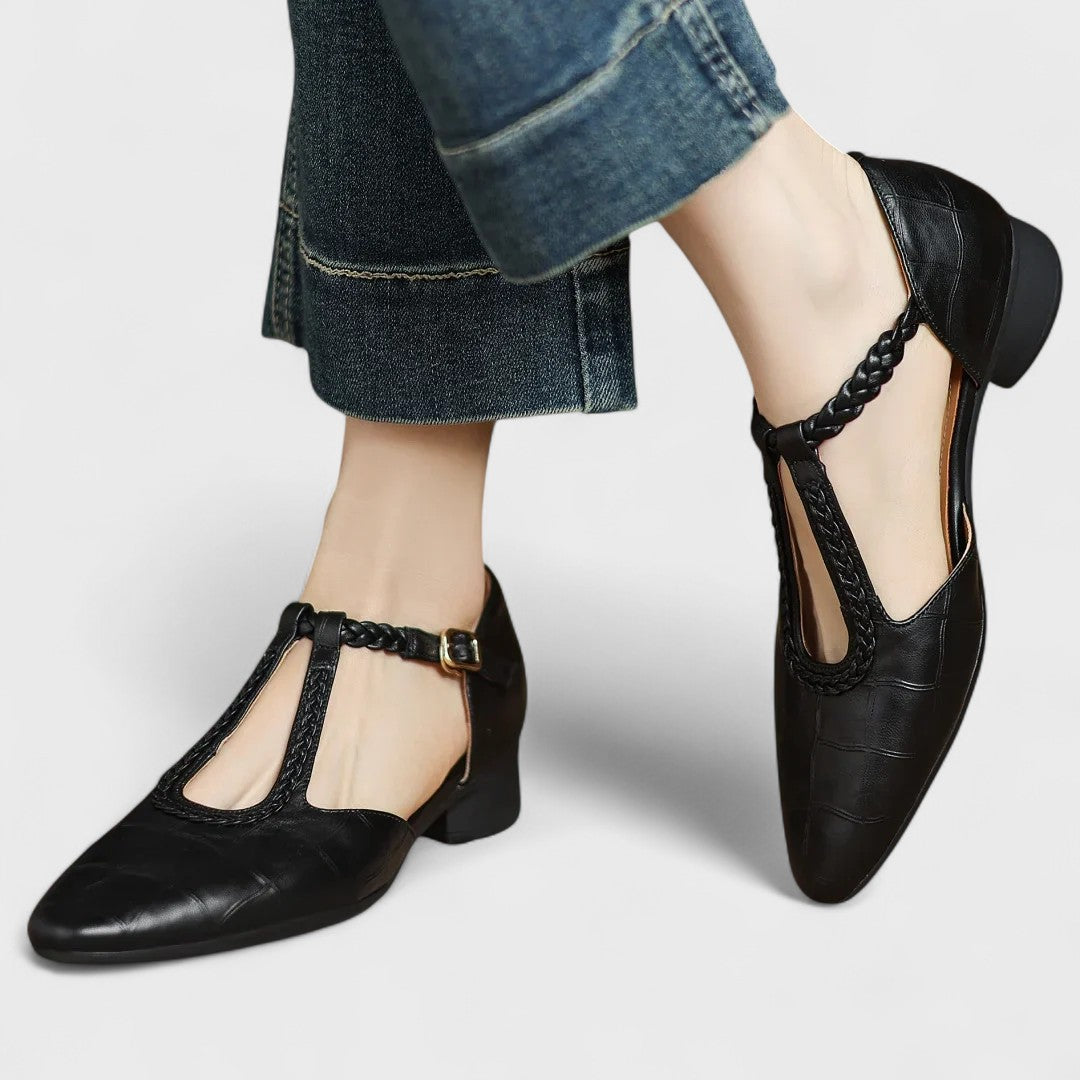 Colette | Babies Leather Crocodile Effect T-Bar Woven Strap & Block Heel