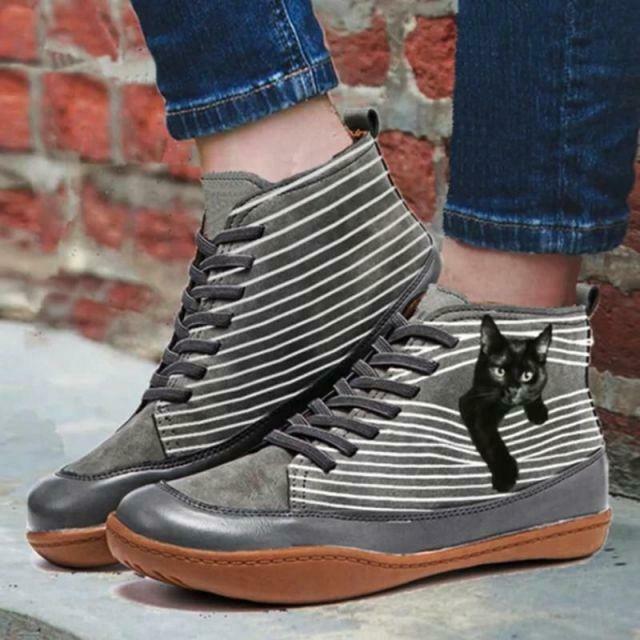 Flat Ankle Boots with Cat Print