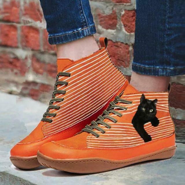 Flat Ankle Boots with Cat Print