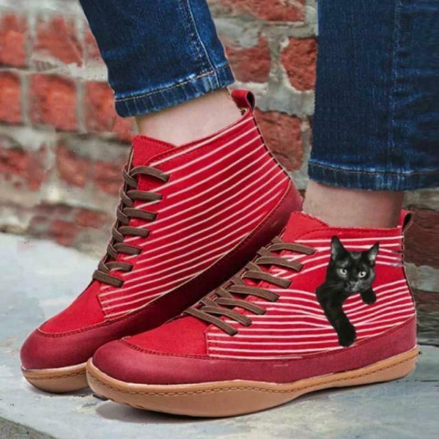 Flat Ankle Boots with Cat Print