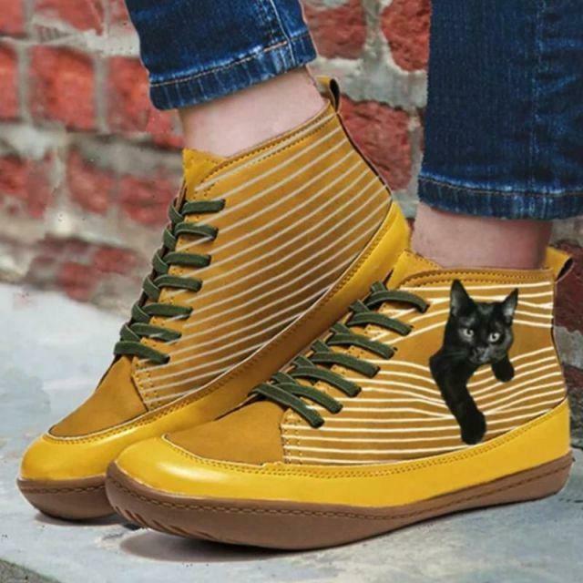 Flat Ankle Boots with Cat Print