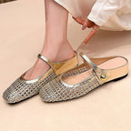 Ariel | Elegant Woven Fabric Square Toe Mules with Mary Jane Strap