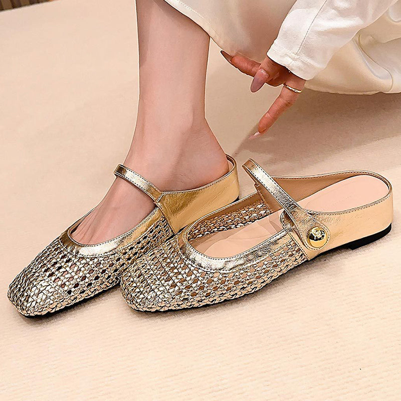 Ariel | Elegant Woven Fabric Square Toe Mules with Mary Jane Strap