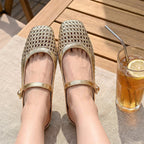 Ariel | Elegant Woven Fabric Square Toe Mules with Mary Jane Strap