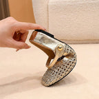 Ariel | Elegant Woven Fabric Square Toe Mules with Mary Jane Strap