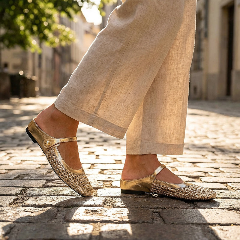 Ariel | Elegant Woven Fabric Square Toe Mules with Mary Jane Strap