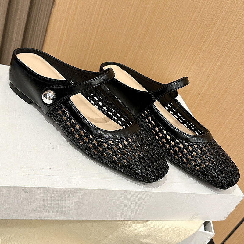 Ariel | Elegant Woven Fabric Square Toe Mules with Mary Jane Strap