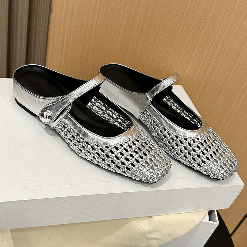 Ariel | Elegant Woven Fabric Square Toe Mules with Mary Jane Strap
